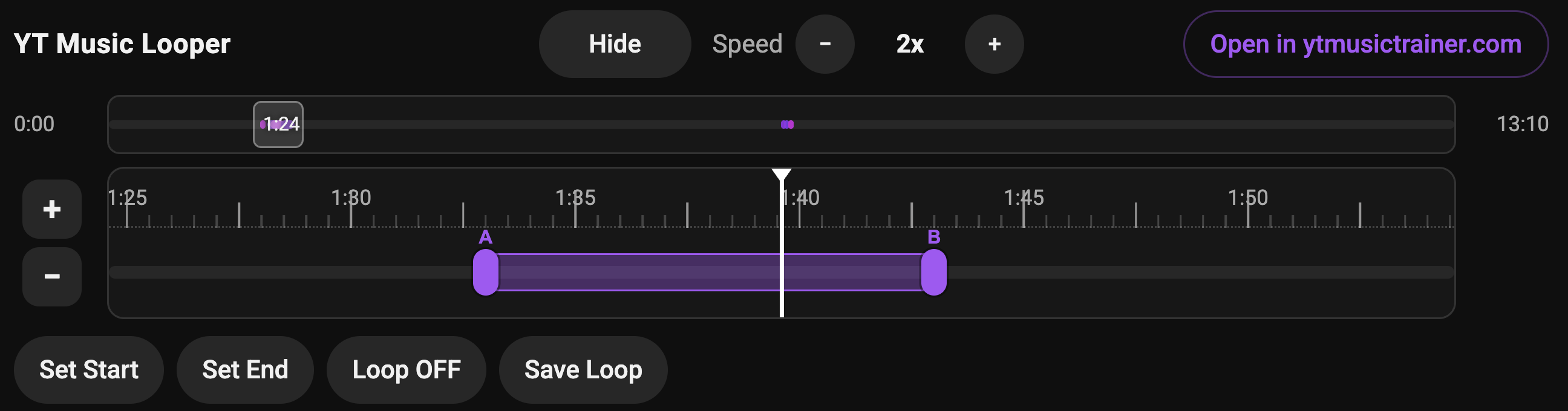 YT Music Looper with an overview bar for a 13-minute video and a zoomed detail timeline showing A and B handles around 1:40