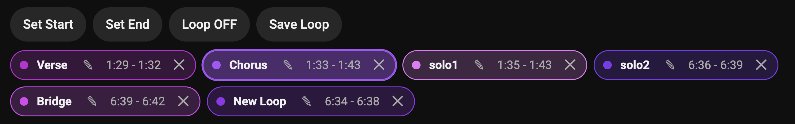 Saved loop chips for Verse, Chorus, solo1, solo2, Bridge, and New Loop with time ranges