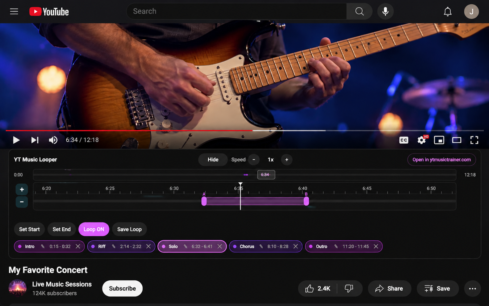 YouTube video of a guitarist with the YT Music Looper panel below it, showing an A/B loop around 6:35 and saved loops for Intro, Riff, Solo, Chorus, and Outro